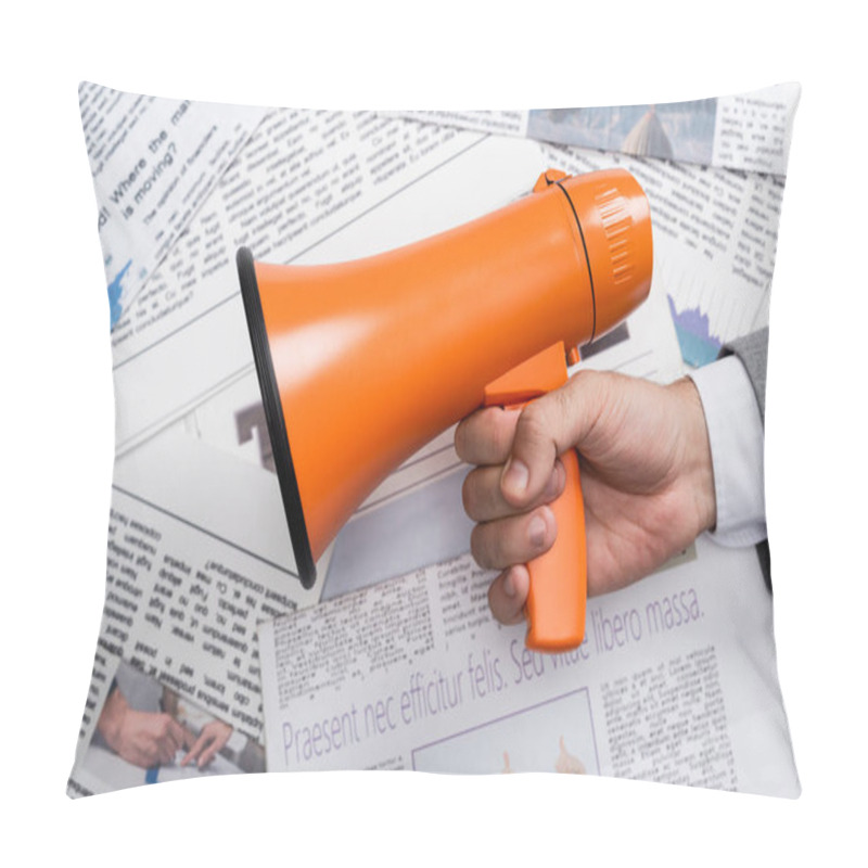 Personality  Top View Of Man Holding Megaphone Above Newspapers  Pillow Covers