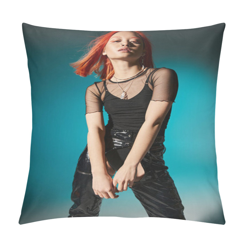 Personality  Pretty Asian Woman With Piercing Posing In Black Latex Pants And Transparent Blouse On Blue Backdrop Pillow Covers