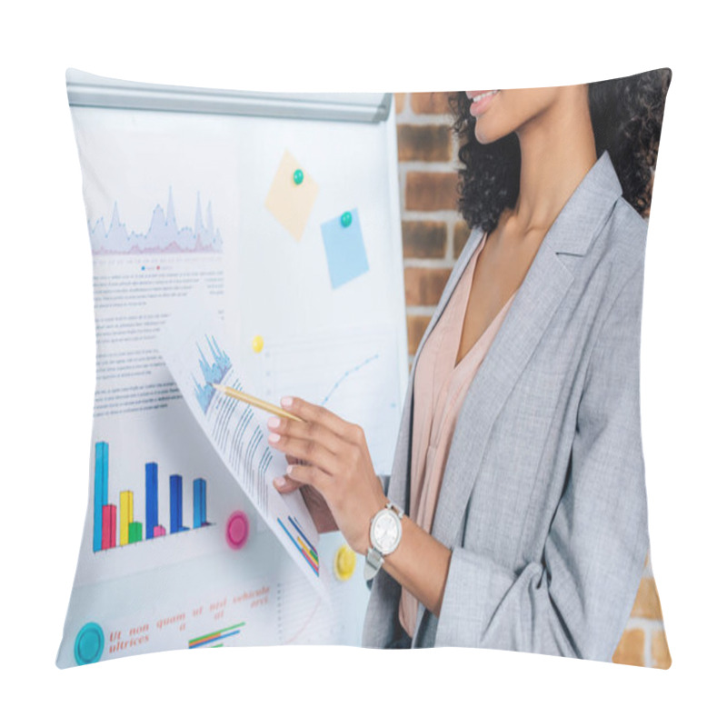 Personality  Cropped View Of African American Casual Businesswoman Near Flipchart With Pencil And Graph On Paper In Loft Office Pillow Covers