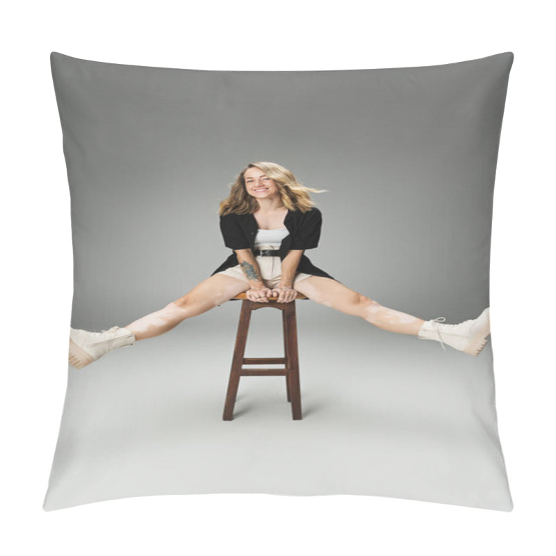 Personality  A Young Woman With Vitiligo Expresses Joy While Sitting On A Stool In A Stylish Pose. Pillow Covers