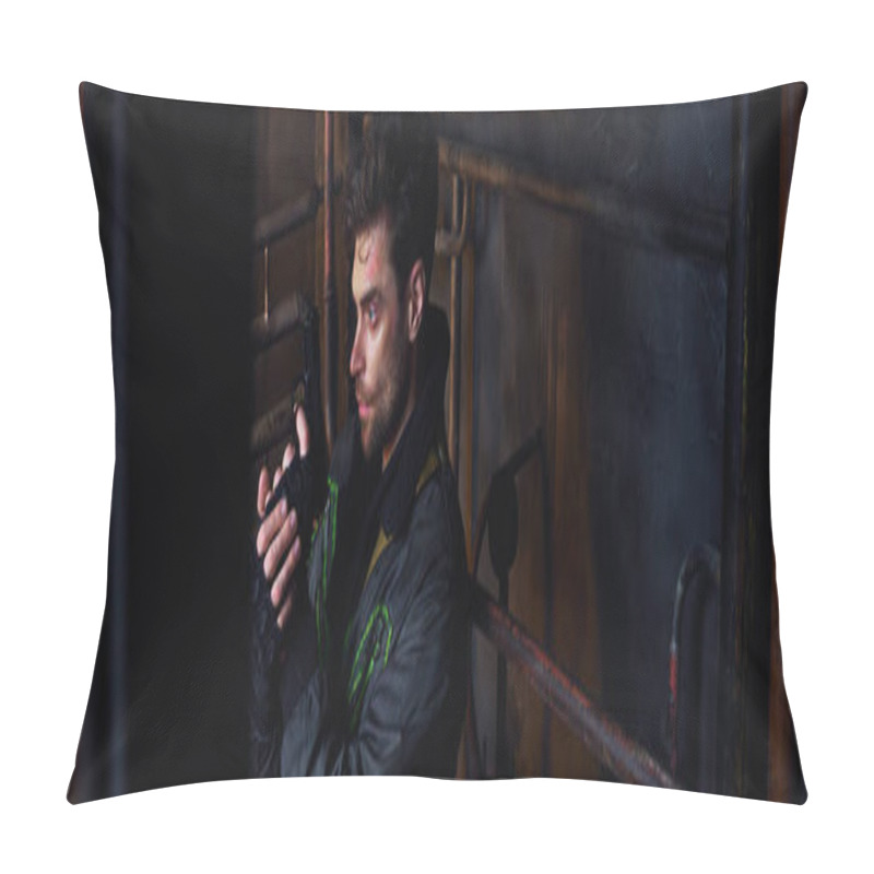 Personality  Man In Black Jacket Aiming With Gun Near Rusty Pipelines In Abandoned Subway, Banner, Game Character Pillow Covers