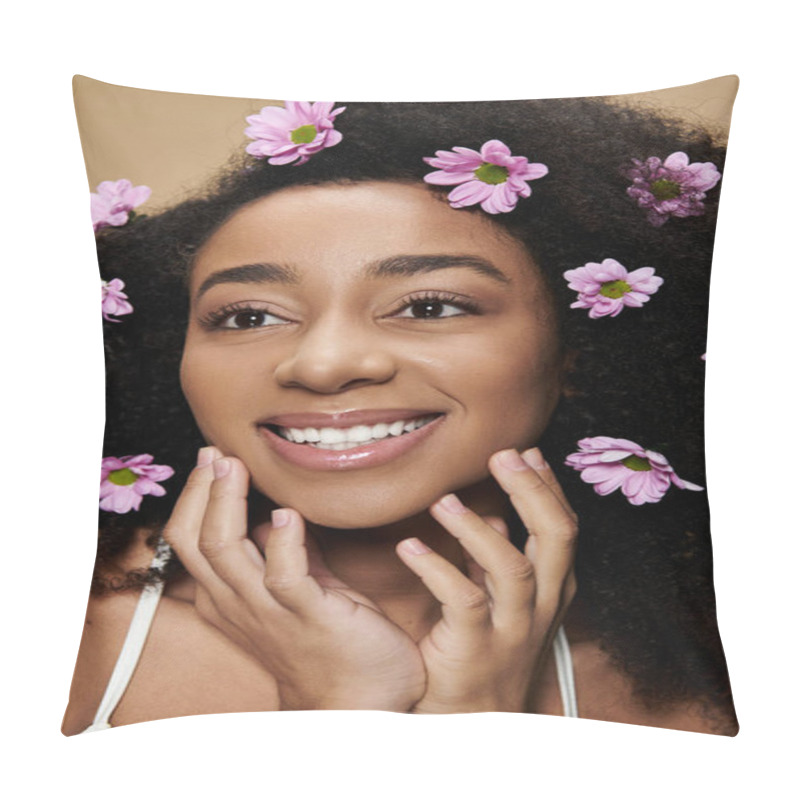 Personality  A Beautiful African American Woman With Natural Makeup And Pink Flowers In Her Hair Smiles Against A Beige Backdrop. Pillow Covers