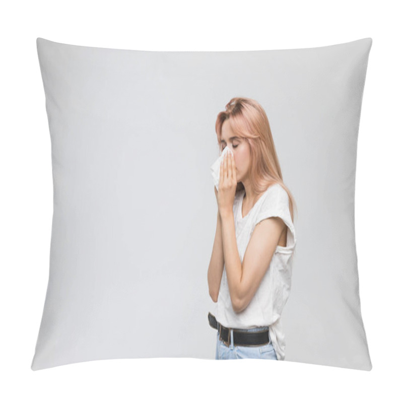 Personality  Portrait Of Cute Young Woman Blowing Her Nose Into A Paper Napkin, Closed Eyes/cold, Sneezing, Allergy Symptoms, Flu, Rhinitis, Sickness, Desperately Sick, Healthcare And Medicine Concept/copy Space. Pillow Covers