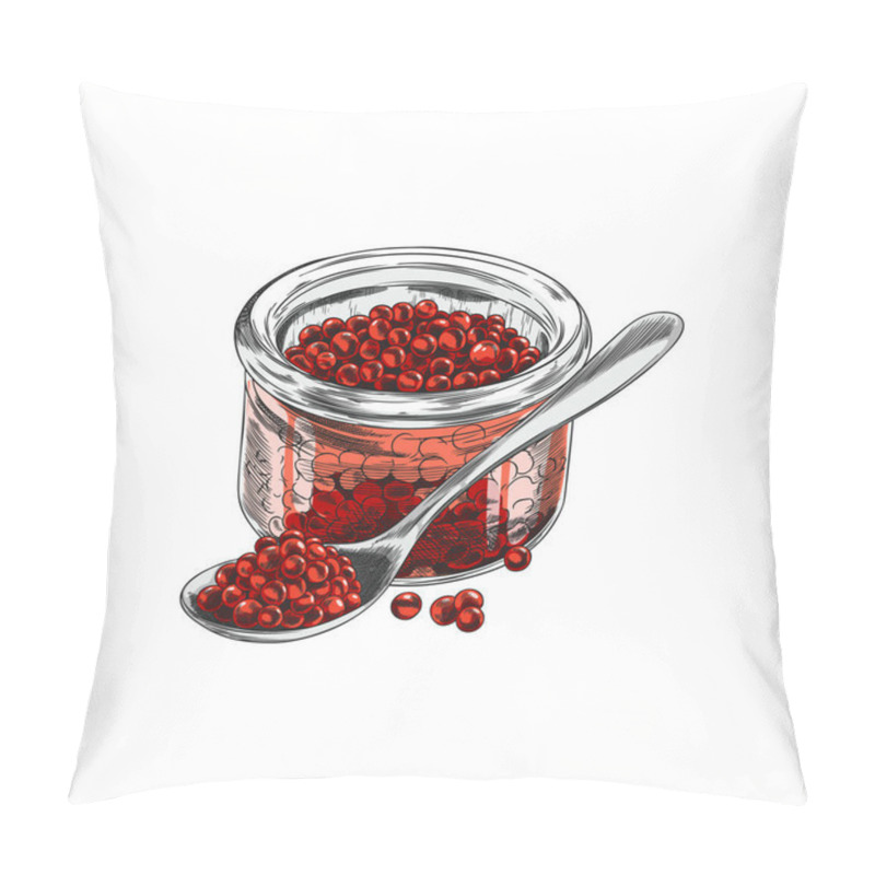 Personality  Red Caviar In A Glass Jar With A Spoon, Hand Drawn Vector Illustration. Watercolor Outline Style Of Seafood Delicacy. Exquisite Appetizer Of Salmon Caviar. Isolated On White Background. Pillow Covers