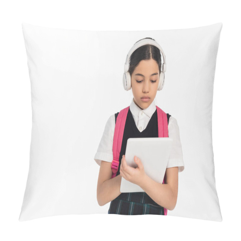 Personality  Focused Schoolgirl In Wireless Headphones Using Digital Tablet Isolated On White, Digital Age Pillow Covers