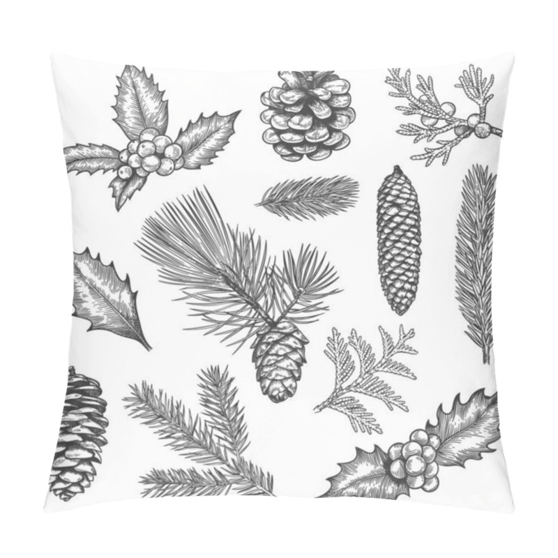 Personality  Sketch Xmas Branch. Christmas Plants Fir Branches, Pine Cones And Holly Leaves With Berries, Boxwood, Botanical Vintage Engraving Vector Set Pillow Covers