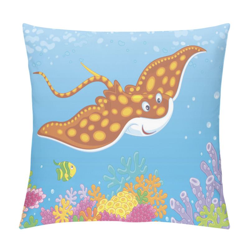 Personality  Big Spotted Ray And A Small Striped Butterfly Fish Swimming Over A Colorful Coral Reef In Blue Water Of A Tropical Sea, Vector Illustration In A Cartoon Style Pillow Covers