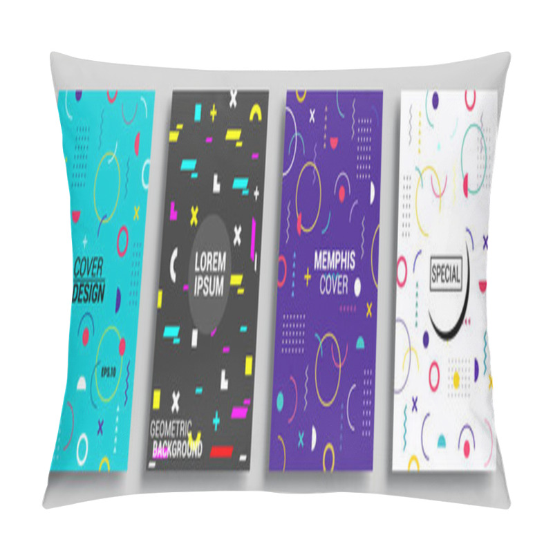 Personality  Memphis Style Poster Set. Halftone And Geometric Shapes Patterns. Flat Style Abstract Vector Design Ideal For Banner, Web, Promotion, Placard And Billboard. Pillow Covers