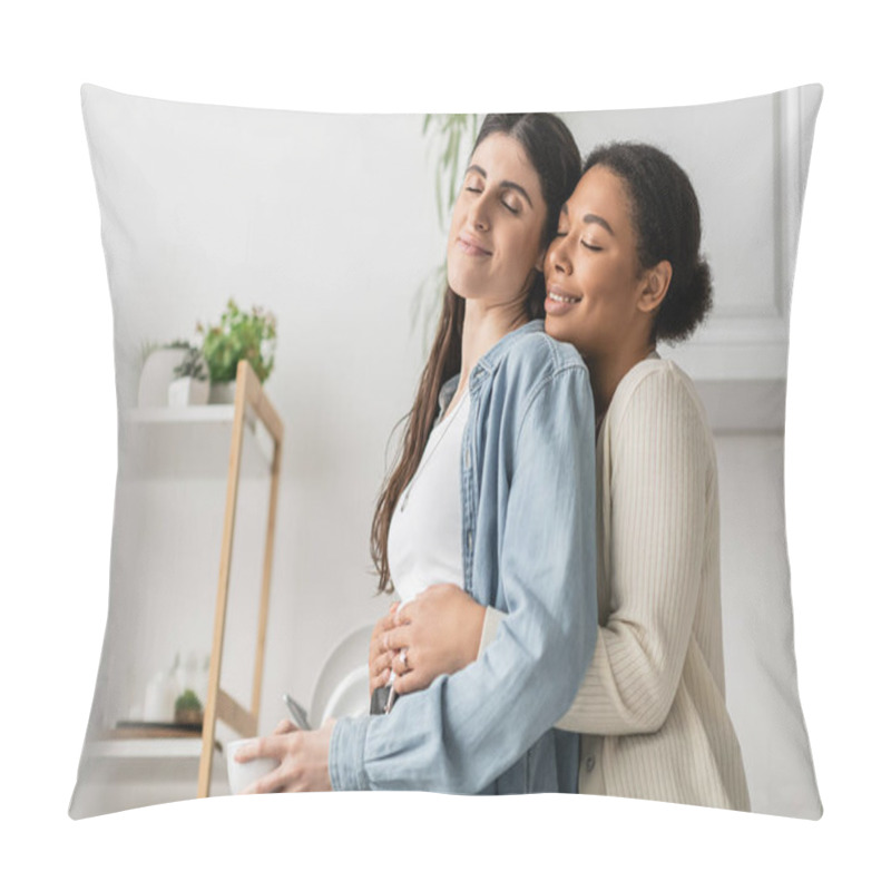 Personality  Cheerful Multiracial Woman With Engagement Ring On Finger Hugging Girlfriend Holding Cup Of Coffee  Pillow Covers