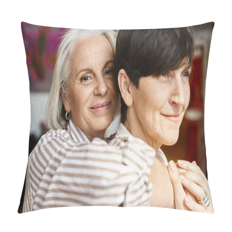 Personality  Two Women Hugging Lovingly In An Art Studio. Pillow Covers