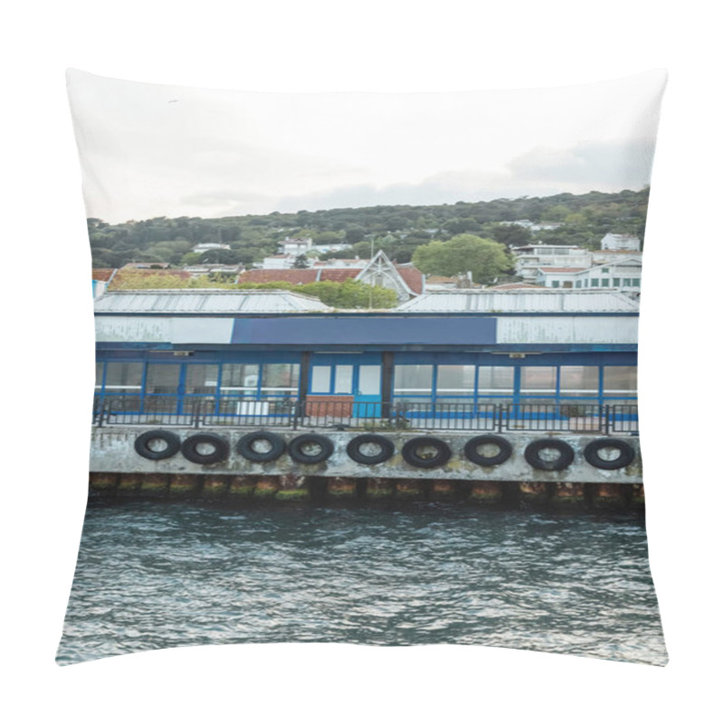 Personality  Black Life Rings On Rustic Pier On Bosphorus Strait In Istanbul  Pillow Covers