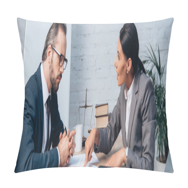 Personality  Panoramic Shot Of Businesswoman Pointing With Finger At Document And Talking With Coworker In Glasses  Pillow Covers