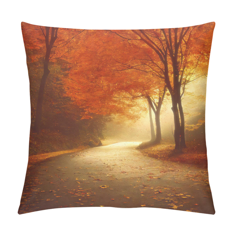 Personality  Misty Morning In Autumn Park, Red Maple Trees Along An Alley, Square Format. Digital Illustration Based On Render By Neural Network Pillow Covers