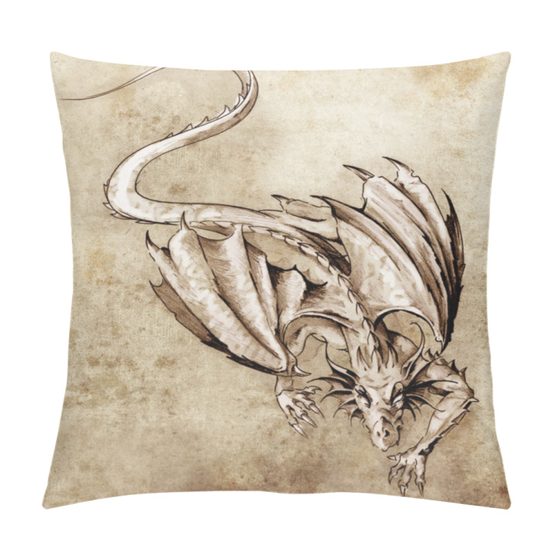 Personality  Sketch Of Tattoo Art, Modern Dragon Pillow Covers