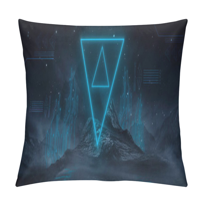 Personality  Futuristic Fantasy Night Landscape With Abstract Landscape And Island, Moonlight, Radiance, Moon, Neon. Dark Natural Scene With Light Reflection In Water. Neon Space Galaxy Portal. 3D Illustration.  Pillow Covers