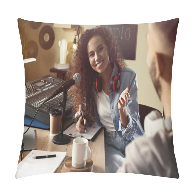 Personality  Young African American Woman Interviewing Man In Modern Radio Studio Pillow Covers