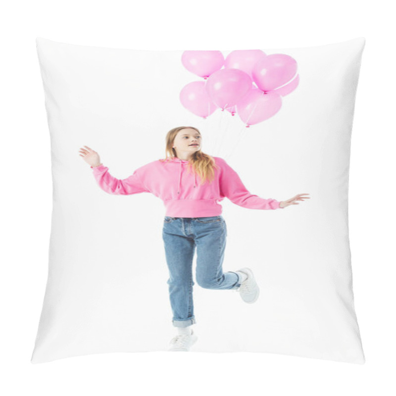 Personality  Curious Teenage Girl With Pink Balloons Isolated On White Pillow Covers