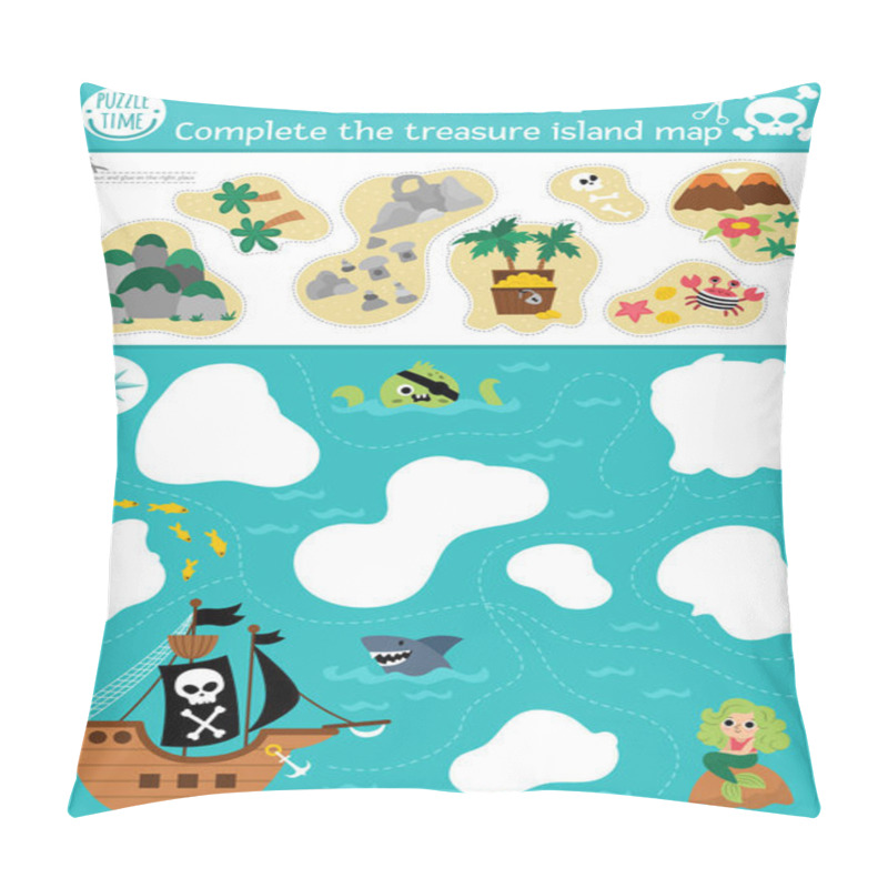 Personality  Vector Pirate Cut And Glue Activity. Crafting Game With Cute Island Map And Sea Landscape. Fun Treasure Hunt Printable Worksheet For Children. Find The Right Piece Of The Puzzle. Complete The Pictur Pillow Covers