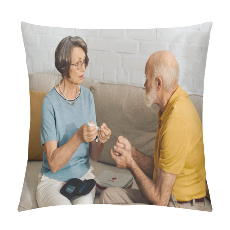 Personality  A Dedicated Wife Supports Her Husband With Diabetes In Their Cozy Living Room At Home. Pillow Covers