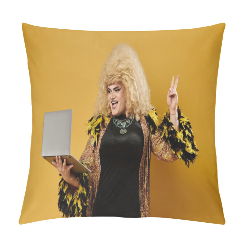 Personality  A Drag Queen Wearing A Fashionable Outfit Holds A Laptop And Flashes A Peace Sign. Pillow Covers