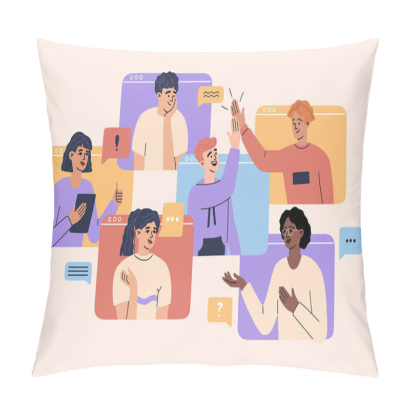 Personality  Online Video Call Concept, Virtual Conference With Team Of Remote Workers, Computer Screen, Working From Home, A Group Of Men And Women Colleagues Have Meeting, Web Communication. Vector Illustration Pillow Covers