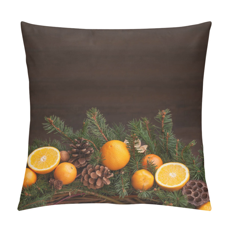 Personality  Fir Tree Branches With Christmas Decoration On Dark Wooden Backg Pillow Covers