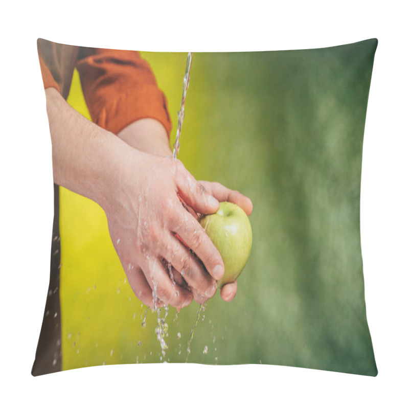 Personality  Partial View Of Man Washing Apple Under Blowing Water On Blurred Background, Earth Day Concept Pillow Covers