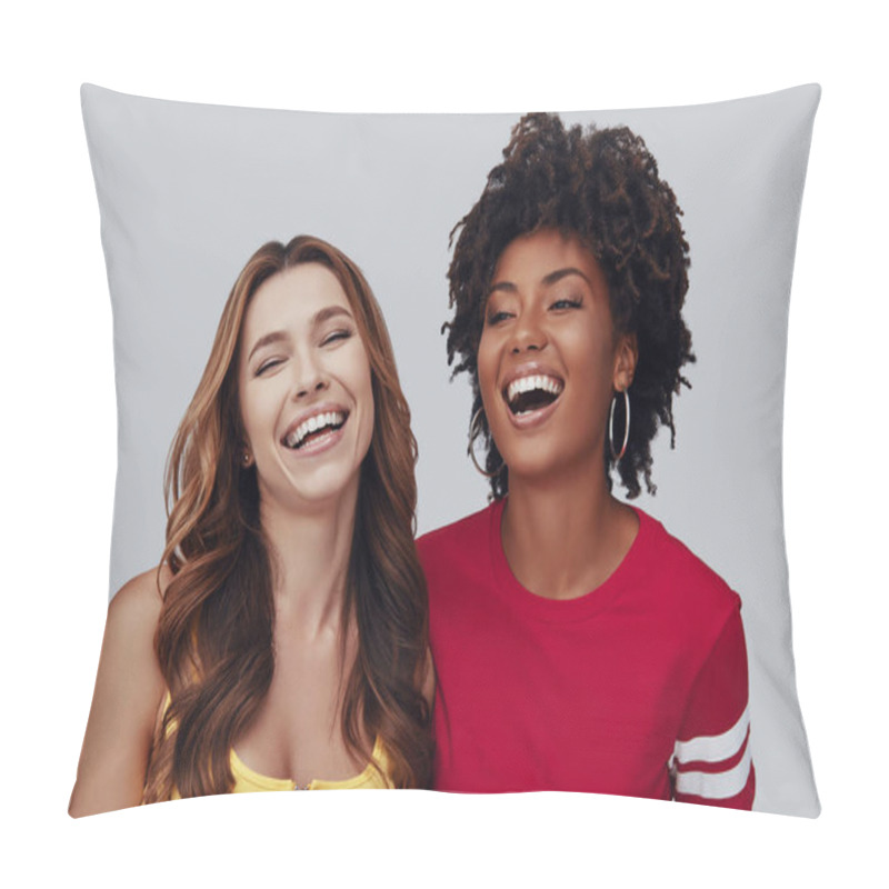 Personality  Two Attractive Young Women Smiling While Standing Against Grey Background Pillow Covers