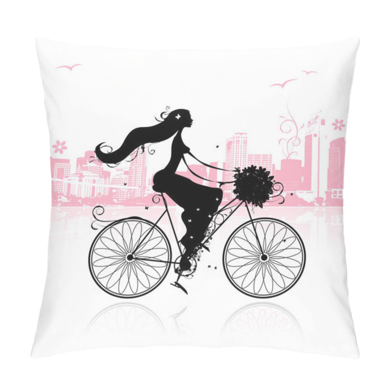 Personality  Girl With Floral Bouquet Cycling In The City Pillow Covers