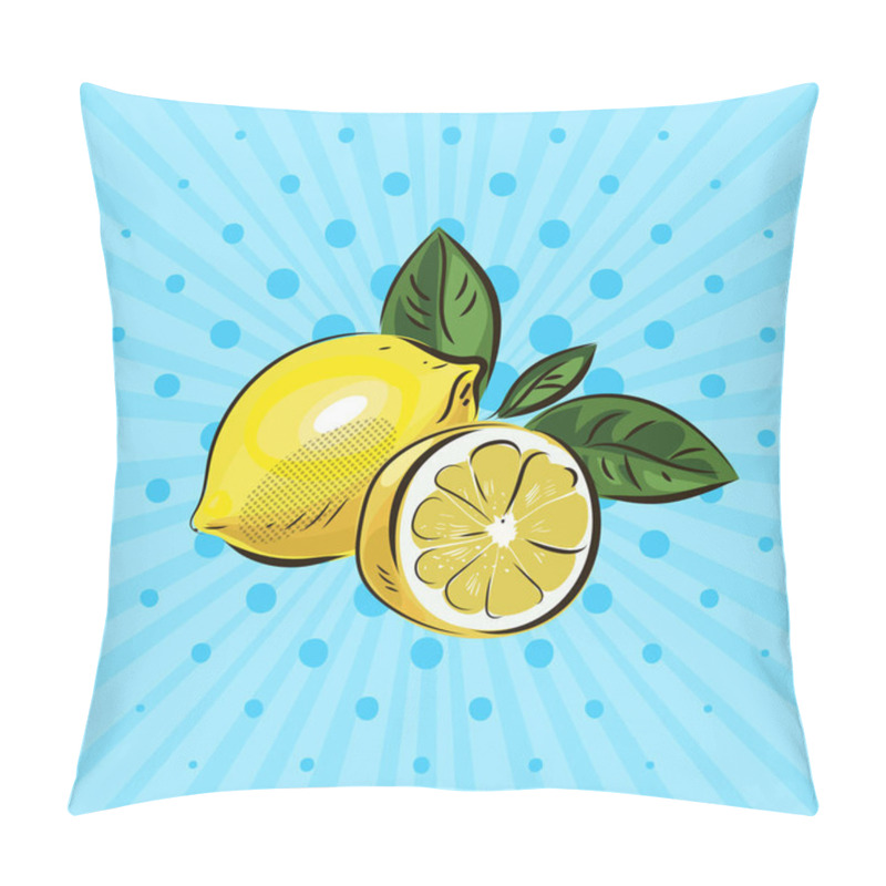 Personality  Yellow Lemon And Half Lemon With Green Leaves On Blue Background Vector Illustration In Pop Art Style Pillow Covers