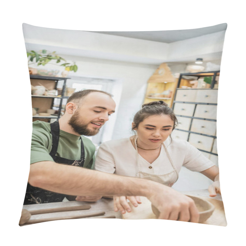 Personality  Smiling Craftsman Talking To Girlfriend And Taking Clay Bowl Near Girlfriend In Ceramic Studio Pillow Covers