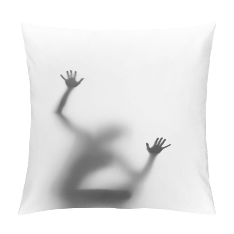 Personality  Woman Squatter, And Climb. Human Body Silhouette Can Be Seen Blurred Behind A Diffuse Surface, Only Hands, Palms And Fingers Are Sharp.  Pillow Covers