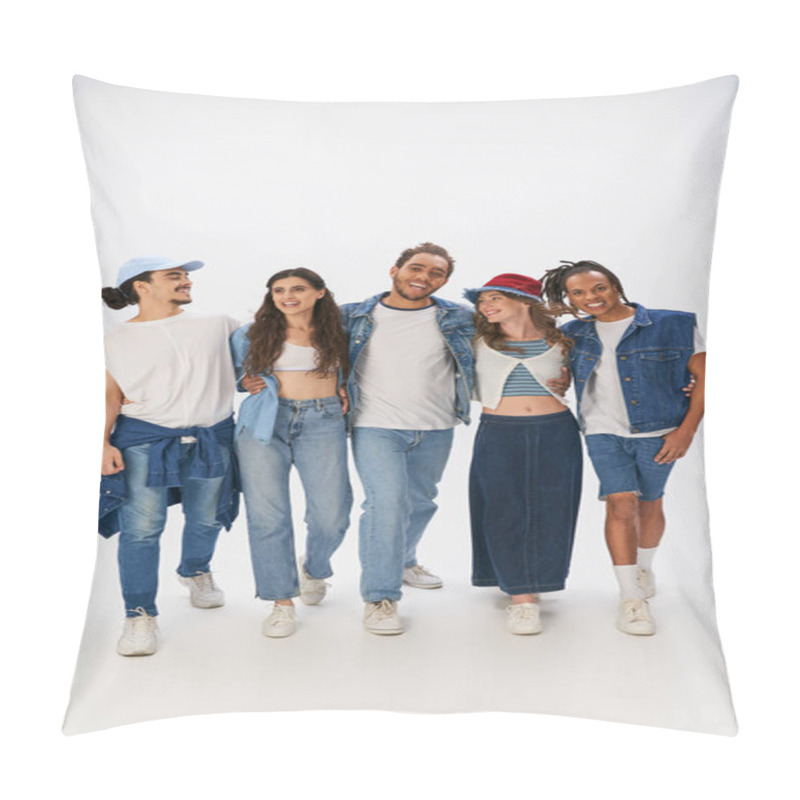 Personality  Diverse Group Of Joyful Interracial Friends In Trendy Street Wear Embracing And Walking On Grey Pillow Covers