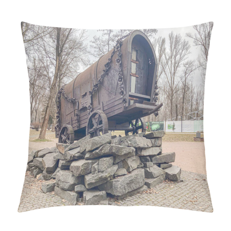 Personality  An Antique Steam Locomotive On Display In A Park Or Public Space, Elevated On A Platform Resembling Railroad Track Sleepers The Train Appears Aged And Weathered, With A Coa Kyiv, Ukraine, 03-15-2024 Pillow Covers