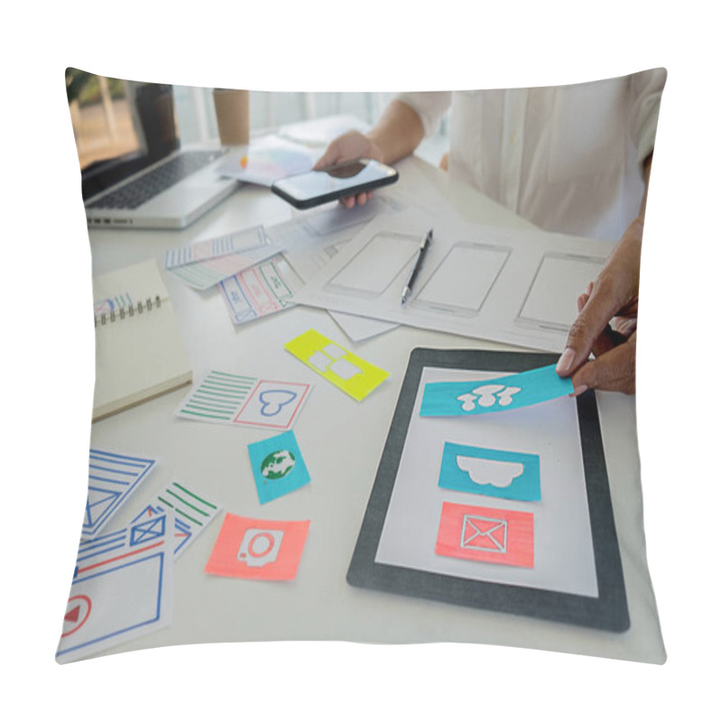 Personality  Creative Web Designer Planning Application And Developing Template Layout, Framework For Mobile Phone. User Experience (UX) Concept. Pillow Covers