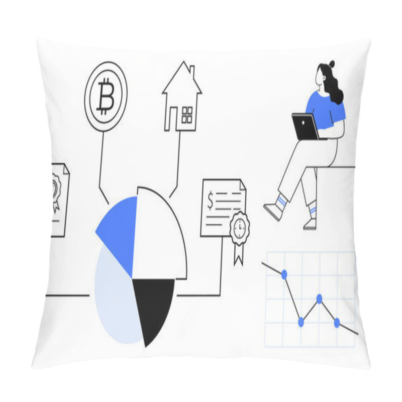 Personality  Person Working On Laptop, Analyzing Data Through Pie Chart, Bitcoin, House, Certificates, And Line Graph. Ideal For Financial Strategy, Business Planning, Cryptocurrency Trends, Real Estate Pillow Covers