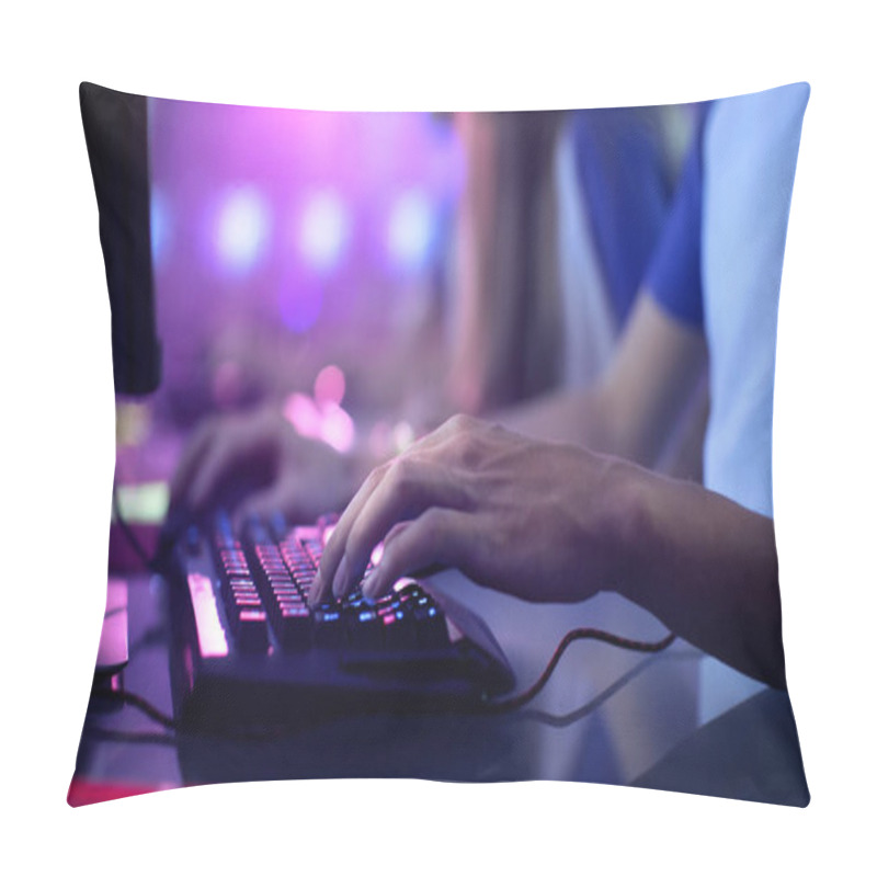 Personality  Close-up On Gamer's Hands On A Keyboard, Actively Pushing Buttons, Playing MMO Games Online. Background Is Lit With Neon Lights. Pillow Covers