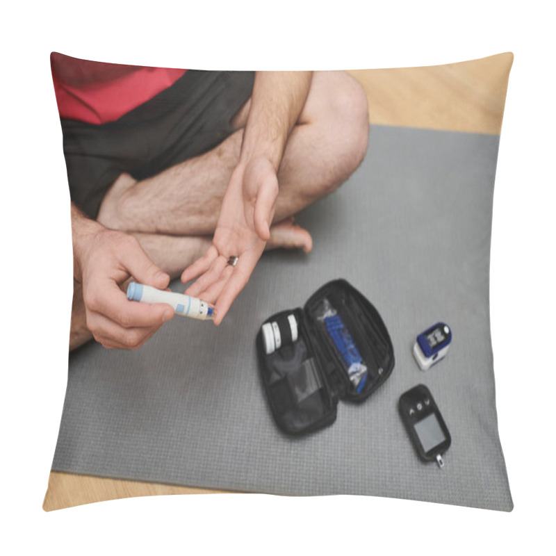 Personality  A Young Man Manages His Diabetes At Home, Maintaining His Health Routine Thoughtfully And Calmly. Pillow Covers