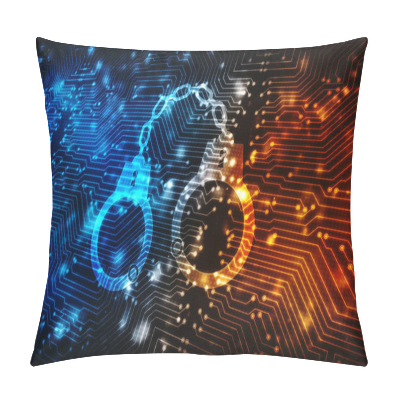 Personality  2d Illustration Cyber Security Concept: Handcuffs Icon On Digital Background, Cyber Crime Concept, Jail, Crime.  Pillow Covers