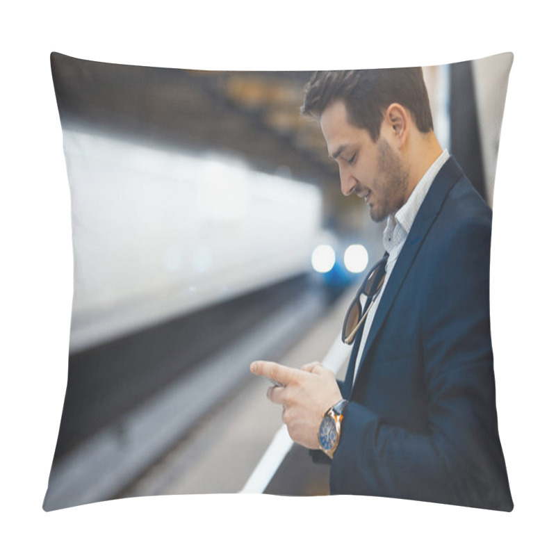 Personality  Young Attractive Businessman Texting Message In Mobile Phone While Waiting For Train In Metro. Enterpreneur Settling Outstanding Issues In Working Process. Lating On Work. Pillow Covers