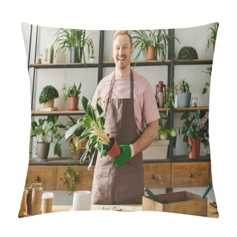 Personality  A Handsome Man In An Apron Holding A Potted Plant In A Plant Shop, Showcasing The Beauty Of Owning A Small Business. Pillow Covers