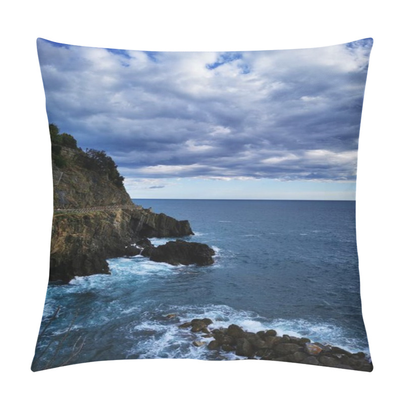 Personality  Waves Crash Against Rugged Cliffs Along A Coast, Set Beneath A Dramatic Sky Filled With Clouds. The Scene Captures The Beauty Of Nature At Dusk. Pillow Covers