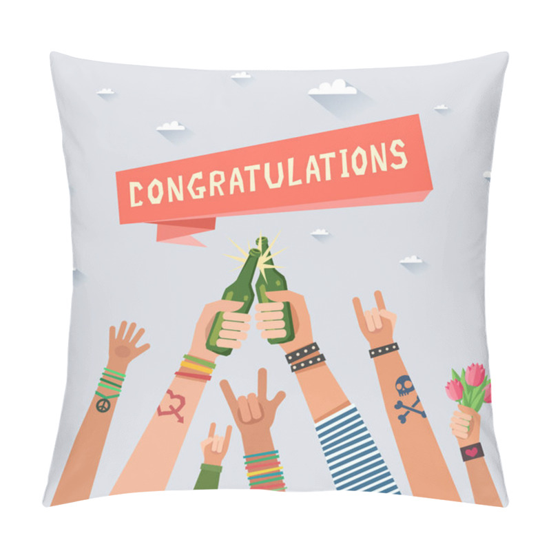 Personality  Youth Crowd Hands Toasting With Beer With Ribbon Congratulations Pillow Covers