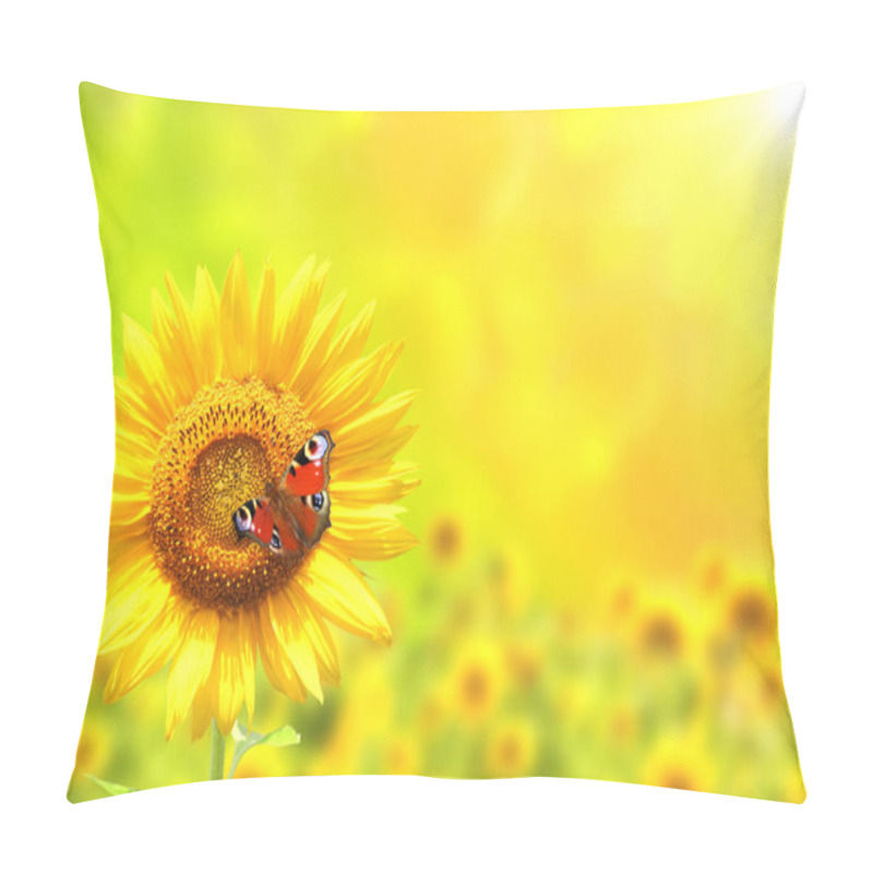 Personality  Butterfly On Bright Yellow Sunflower On Green Background Pillow Covers