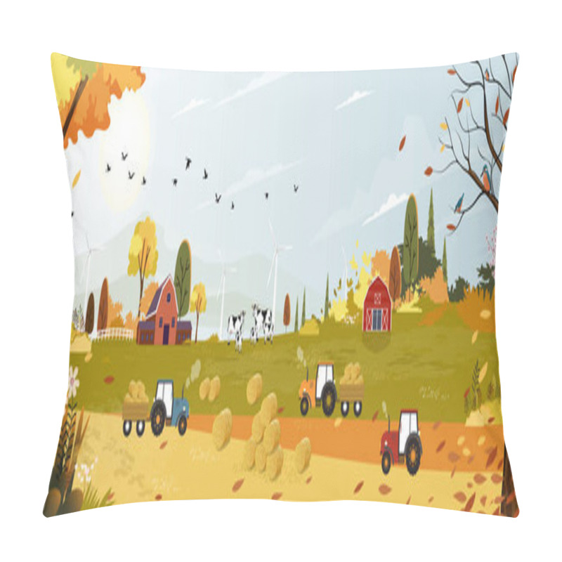 Personality  Autumn Landscaps With Harvet Fram Fields Cows, Trators,wooden Barn On Hills, Natural Foliage Background In Fall Seson With Panoramic View Of Eco Village With Grass Land In Sunny Day  Pillow Covers