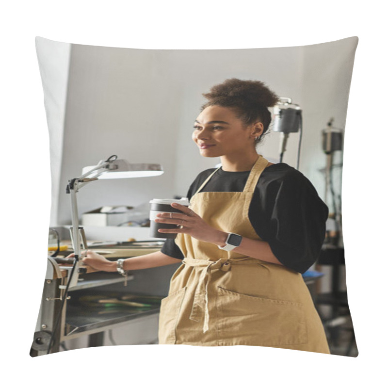 Personality  A Talented Woman Designs Exquisite Jewelry While Enjoying A Warm Beverage In Her Studio. Pillow Covers