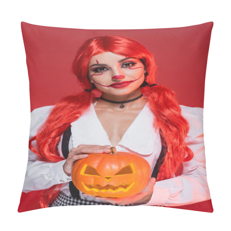 Personality  Smiling Woman With Bright Ponytails And Halloween Makeup Holding Jack O Lantern Isolated On Red Pillow Covers