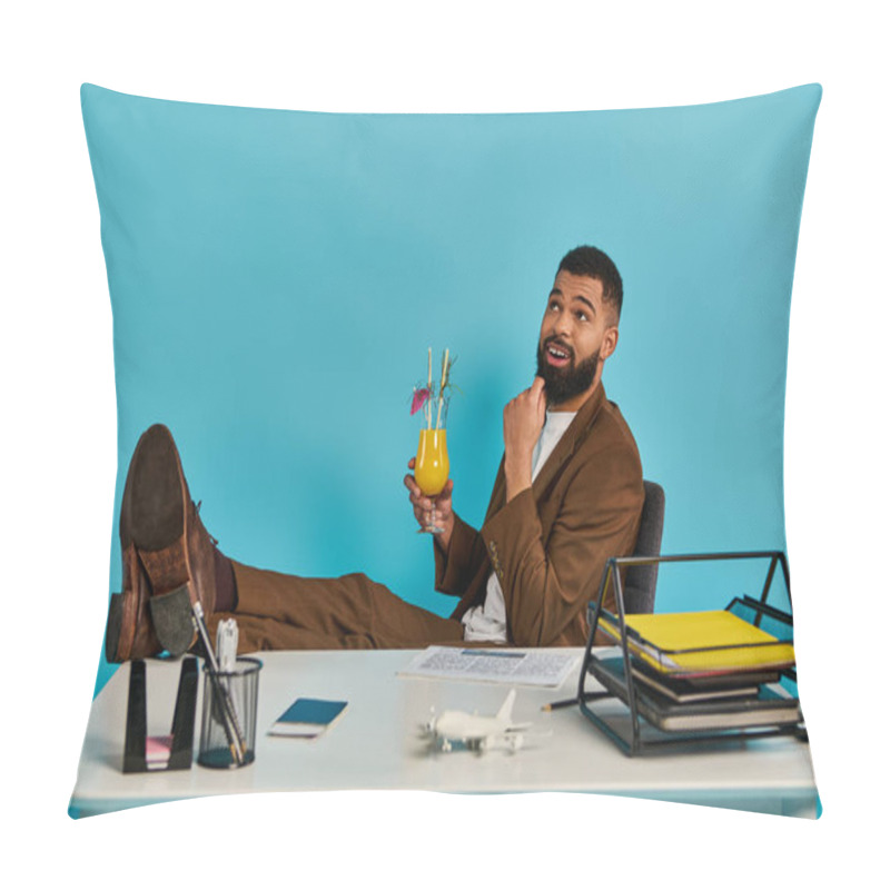 Personality  A Man With Dark Hair Is Seated At A Desk, Holding A Mysterious Yellow Object In His Hands, Studying It Intently. Pillow Covers