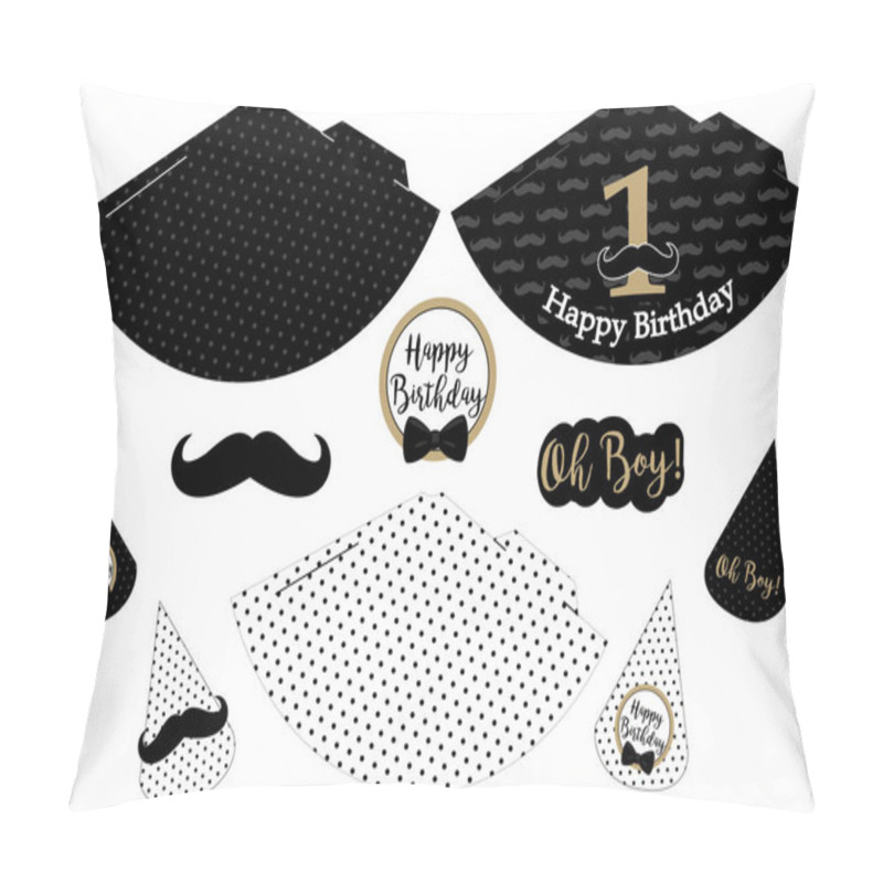 Personality  Little Man Printable Hats. Black, White, Golden Mustache Pattern. Print And Cut. Vector Cones Template To Head For A Party (birthday, Baby Shower, It Is A Boy). Vintage Modern Style. First Happy Birth Pillow Covers