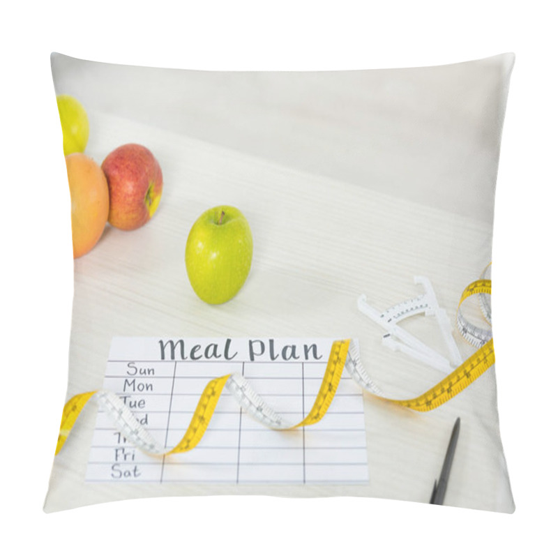 Personality  Meal Plan, Measure Tape, Caliper, Pen And Fresh Fruits On Wooden Surface Pillow Covers